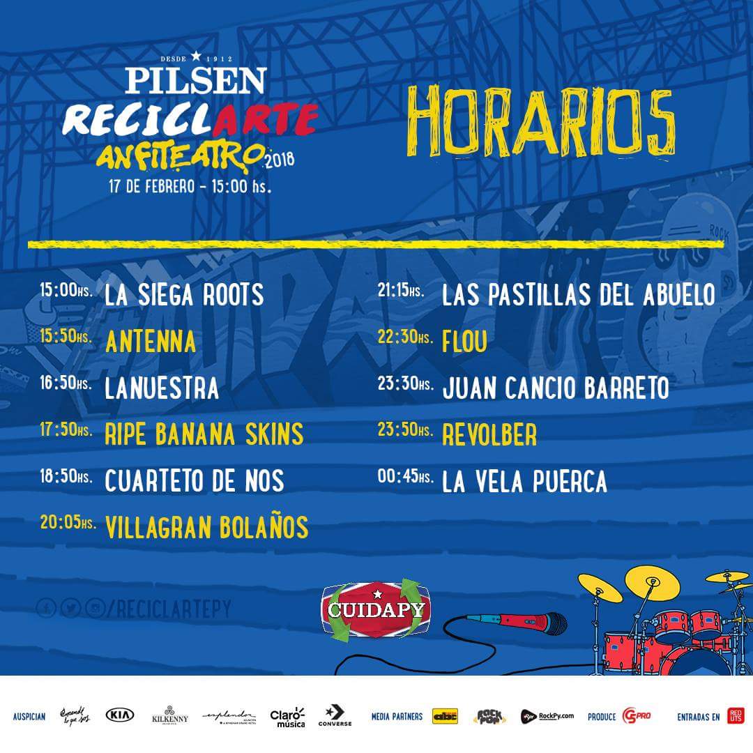 RockPyCom's tweet image. Estos son los horarios para #ReciclArte2018!
15:00 @SiegaRoots
15:50 @antennapy
16:50 @lanuestrapy
17:50 @RBS_oficialpy
18:50 @cuartetodenos
20:05 @VBolanhos
21:15 @LasPastillas
22:30 @floumusic
23:30 #JuanCancioBarreto
23:50 @RevolberFx
00:45 @LaVela_Oficial 
 #CuidaPy @PilsenPy