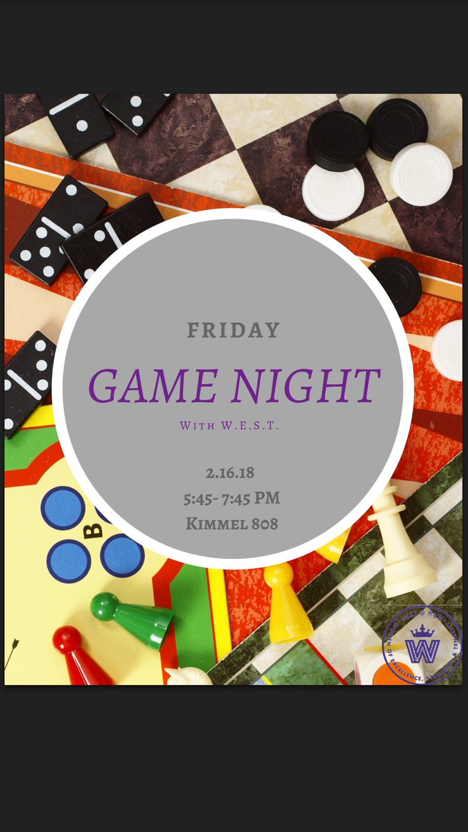 WEST_NYU's tweet photo. Don’t forget WEST Game Night is tomorrow from 5:45-7:45pm at Kimmel. Come out, play some games, socialize and de-stress from a week of being studious📚We hope to see you there!🤩 https://t.co/nPhaC7cVzR