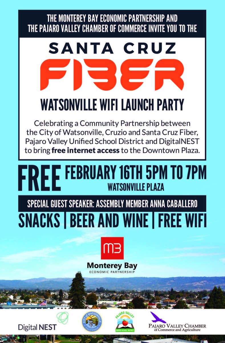 MBEPartnership's tweet image. Have you RSVP&apos;d to our #Free #Wifi at @WatsonvilleCity Plaza launch party yet? Come party with us tmrw Fri 2/16 from 5-7pm. Enjoy #free refreshments &amp;amp; special guest speaker @AsmCaballero. RSVP today! facebook.com/events/1290684…
cc: @DigiNEST @cruzio @PajaroValley @SantaCruzFiber
