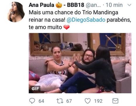Eliminada com 89,85%, esculachada na #RedeBBB e vendo o novo tombo dos aliados. Já pode pedir música no Fantástico. #BBB18