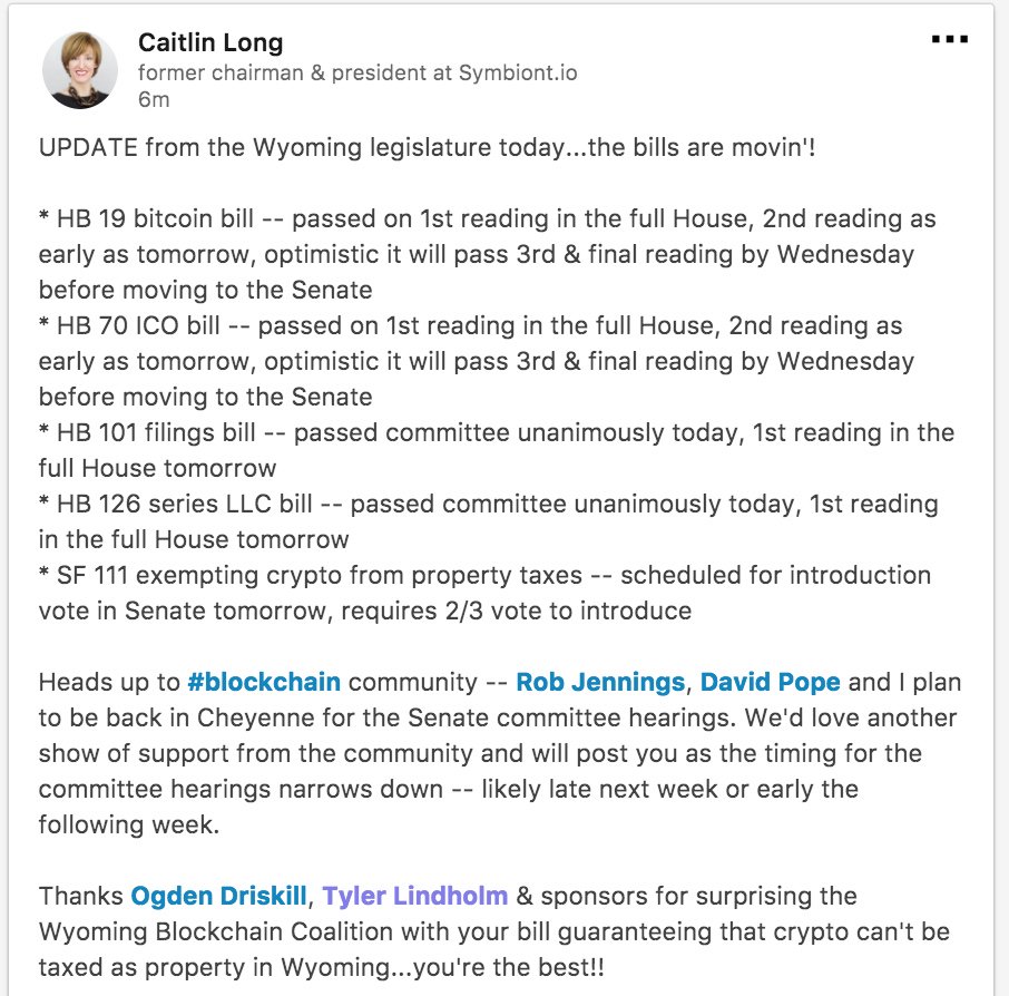 CaitlinLong_'s tweet image. Today&apos;s update (Feb 15) on the #Wyoming #blockchain bills from the legislative session...the bills are movin&apos; and a surprise 5th bill was added today, which would make Wyoming even more attractive to the #crypto community! @WYBlockchain