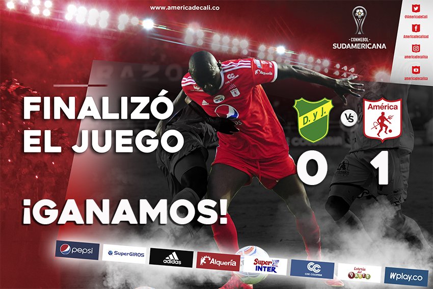 AmericadeCali's tweet photo. ¡GANAMOS! 
Finalizó el compromiso en suelo argentino y nuestro equipo se ha quedado con la victoria en su visita a @ClubDefensayJus y Justicia en el juego de ida. 
El gol de Martínez Borja de penal a los 43' del 1er tiempo bastó para dar la primera victoria. #CopaSudamericana https://t.co/Li6cJheE1N
