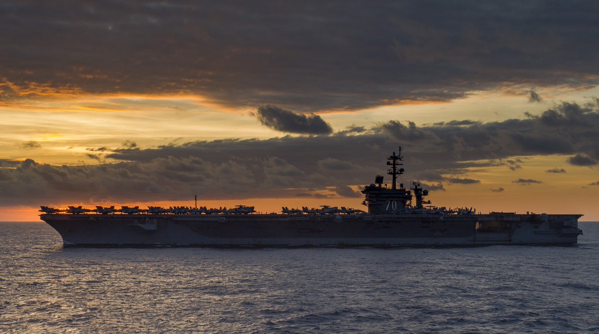 USPACOM's tweet photo. USS Carl Vinson (@CVN70) Carrier Strike Group transits the #SouthChinaSea; this regularly-scheduled #3rdFleetForward deployment bolsters @USNavy presence and tactical flexibility in the Indo-Pacific https://t.co/OQm51Ay9Fb