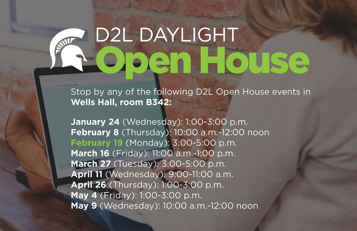 TechAtMSU's tweet photo. #MSU Faculty & Instructors: Stop by the #D2L Daylight Open House: Feb. 19, 3-5p in Wells, Room B342: https://t.co/6L5B2wOCKJ #MSUEdTech https://t.co/ZRstQuVSbl