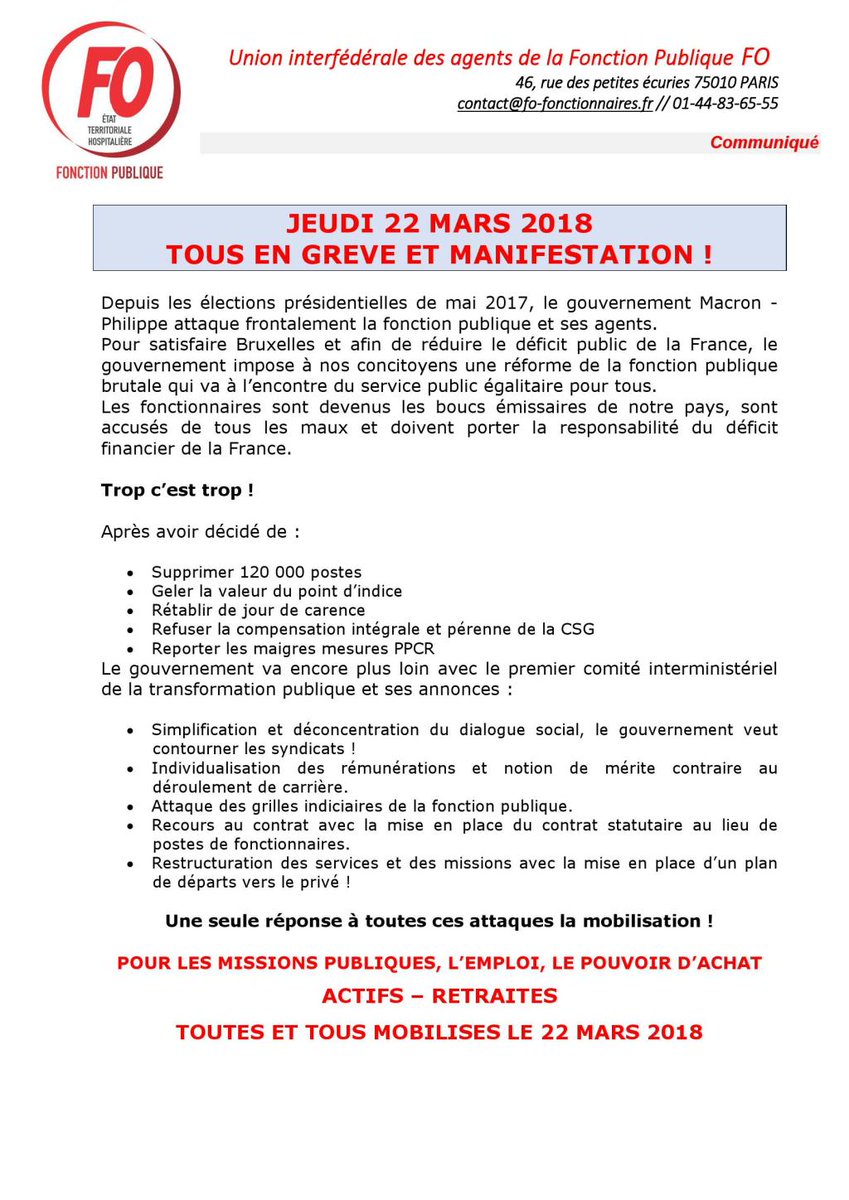 Jeudi 22 Mars 2018 : TOUS EN GREVE ET MANIFESTATION fosis.org/index.php/2018…