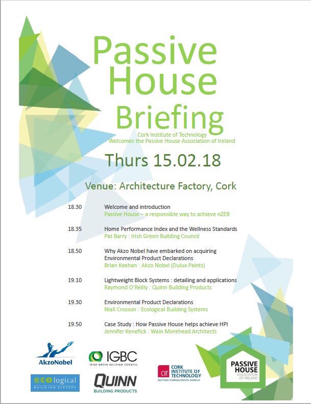Well done <a href="/WMA_arch/">WMA</a> for organizing an insightful <a href="/PHAIreland/">PHAIreland</a>  #passivhaus briefing in Cork. Great to see @IrishGBC @hpi_igbc standard &amp; #EPD &amp; #LCA to the fore examining environmental impacts of materials &amp; buildings. Delighted to present @Gutex_Daemmung