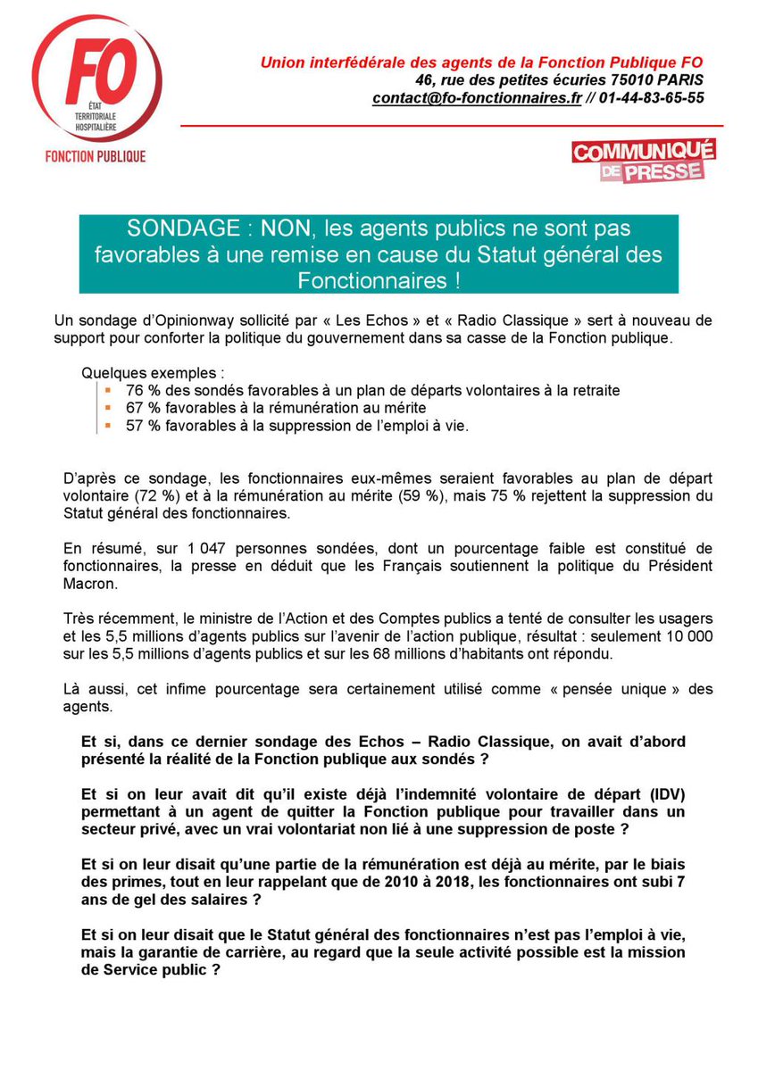 Sondage : NON, les agents publics ne sont pas favorables à une remise en cause du statut général des fonctionnaires ! fosis.org/index.php/2018…