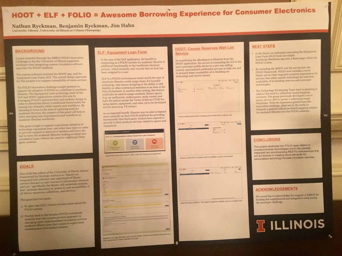 asnagy's tweet image. Awesome Borrowing Experience for @FOLIO_LSP! Exciting work from @IllinoisLibrary to solve a problem for #libraries - circulating consumer electronics #c4l18 #poster