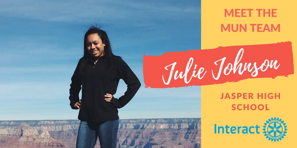 D5810Interact's tweet image. Meet Model UN delegate Julie Johnson, a freshman who participates in Cheer, Choir, StuCo, and is President of the JHS Interact Club! Julie is “ready to dive in headfirst” to the Model UN experience! #InteractMUN #ItsBetterWhenUNteract #ModelUN2018 #InteractUN5810 #iamModelUN