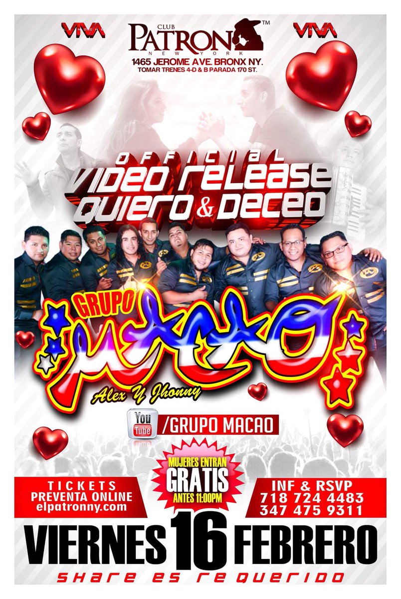 MacaoAyJ's tweet photo. Este Viernes Febrero 16 2018
Grupo Macao de Alex y Johnny
Video Release-"Patrón Night Club"
Bronx Ny. Aya nos vemos. https://t.co/2gAZryhmVa