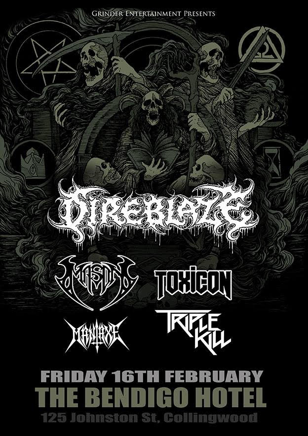 triplekillband's tweet photo. Tonight we get heavy with #Maniaxe #Toxicon @masonthrashband and @direblazemetal Tonight at the Bendigo Hotel in Collingwood! Doors at 7:30pm, see you there! #Frisbois #TripleYaSelf #Melbourne #Metal #ThrashMetal https://t.co/XmNioOokdo