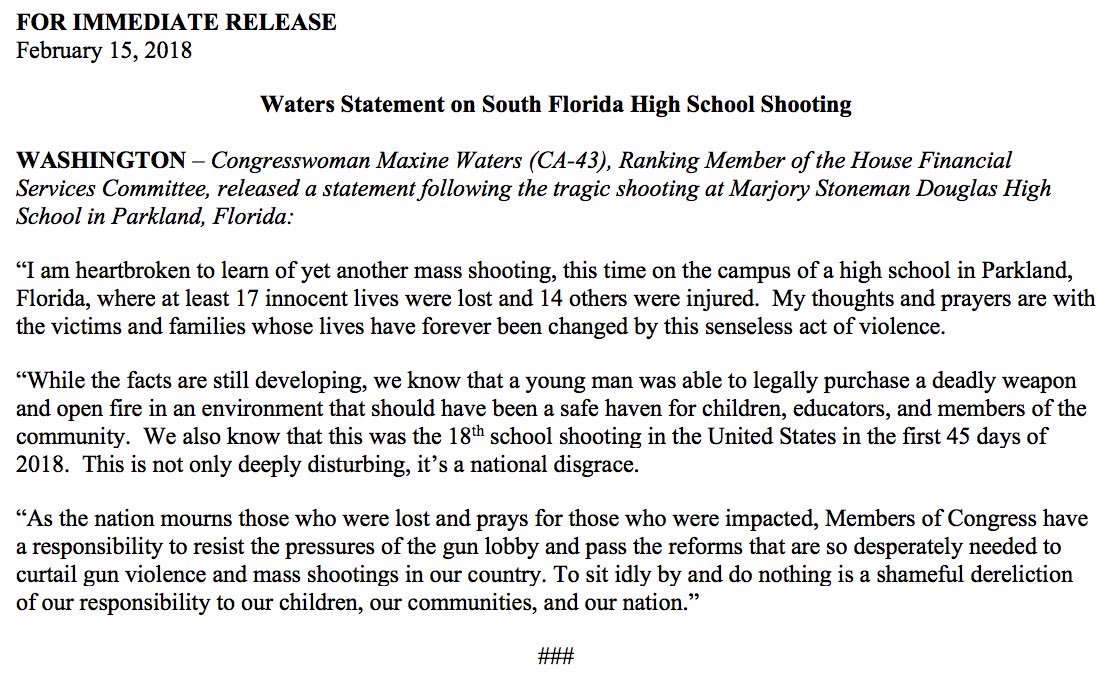 RepMaxineWaters's tweet image. Please read my statement on the horrible shooting at the high school in Parkland, FL