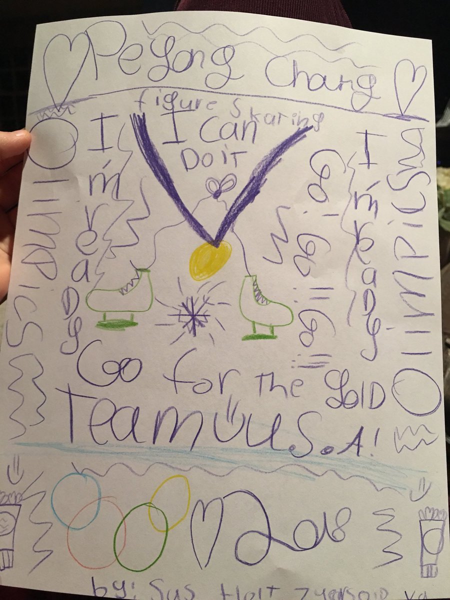 CarolinaMoon975's tweet photo. A spunky 7-year old from Arlington Va is sending all her mojo to Peyong Chang and her favorite Olympians. Go USA!!  @TeamUSA @olympicchannel @NBCOlympics https://t.co/j8IVF7wwVu