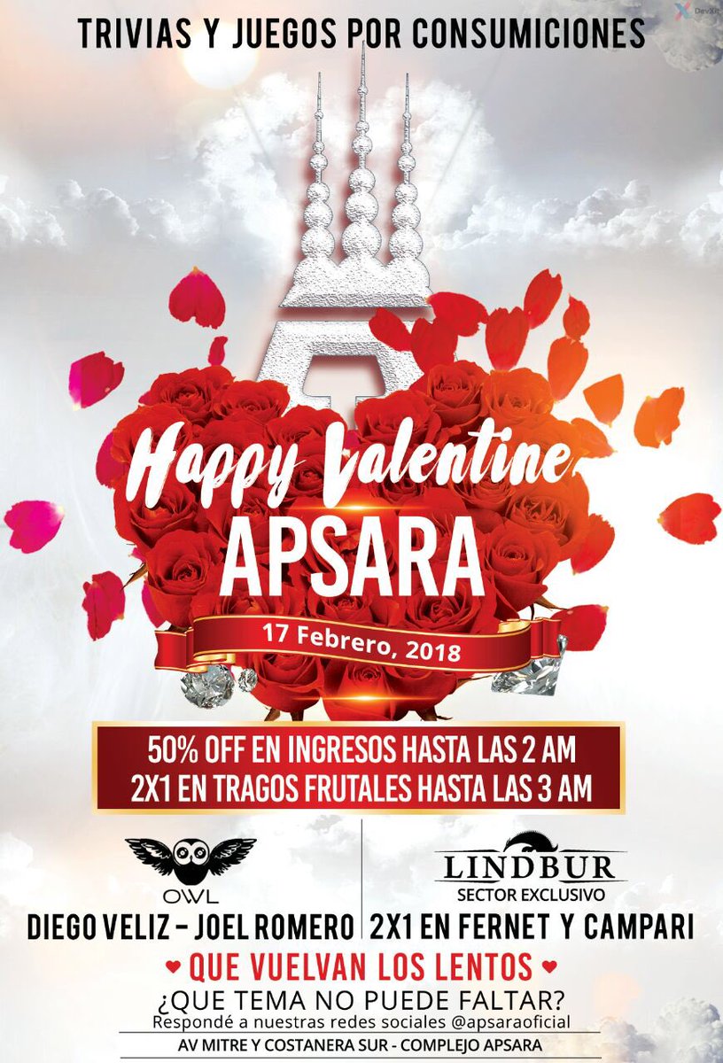 riedel_juan's tweet photo. Esté sábado 17 de febrero, @ApsaraOficial
¡HAPPY VALENTINE'S APSARA! ❤🌹
🌹50% #OFF en ingresos hasta las 2 am.
🌹2x1 en #tragos frutales hasta las 3 am.
🌹Trivias y juegos por consumiciones.
🌹Bloque romántico.
🌹#Lindbur: sector exclusivo. https://t.co/tKL4pb3SkX