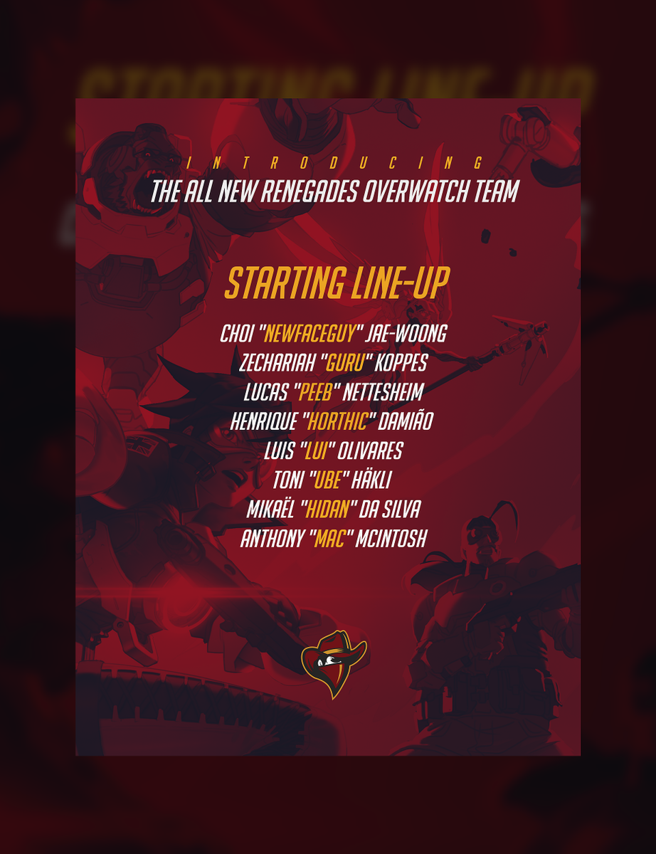 Renegades's tweet photo. The cavalry’s here! Renegades have picked up a @PlayOverwatch roster, come meet the team 😎

- @newfaceguyOW 
- @Gurululz 
- @Peebimitsu 
- @Horthic 
- @LuiOW 
- @UbeOW 
- @HidanTF2 
- @OwMacki 
- @TWISTanOW (Analyst)

Read more: https://t.co/85PFRrgSSE 
Cheers love! ✌🏻️ https://t.co/OaseEkMYEa