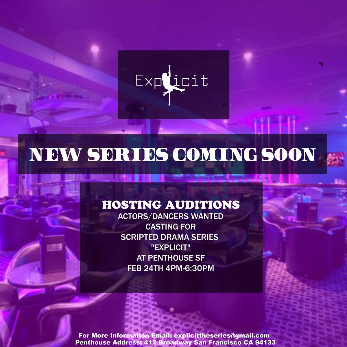 Jeanette_ACE's tweet photo. We at it again!! Casting for the #Series
“Explicit.”
Hosted by: Penthouse Strip Club
#sfcasting #sanjose #sanfrancisco
#bayarea #oakland https://t.co/BFStXCBph2