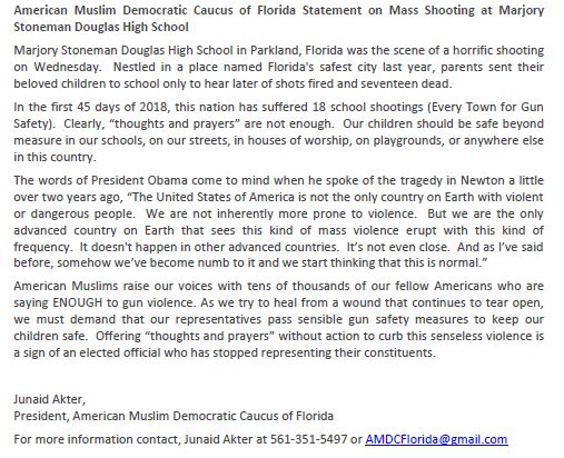 amdcfl's tweet photo. Press release from the American Muslim Democratic Caucus of Florida  #Parkland #SchoolShooting #StonemanDouglasHighSchool #StonemanShooting https://t.co/bnzC5T9nal