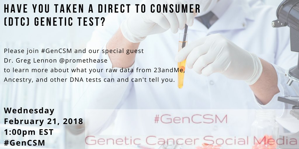GenC_SM's tweet image. Mark your calendar!
#GenCSM #TwitterChat 
Wednesday - February 21 - 1pm EST
Please join @MyGeneCounsel @BRCAresponder &amp;amp; 
our special guest @promethease 
#genetictesting #consumers  #BRCA #hereditarycancer 
#DNA #digitalhealth #healthandwellness 
#MensHealth #WomensHealth