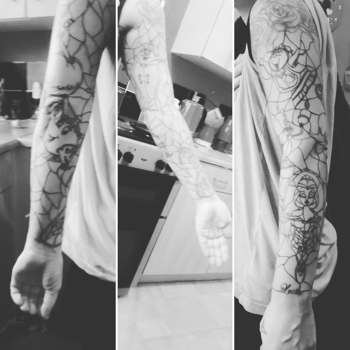 sazzleleath's tweet photo. Almost done now 😍 #BeautyAndTheBeast #tattoo #loveit #needscolour https://t.co/l0QvAo1wdh