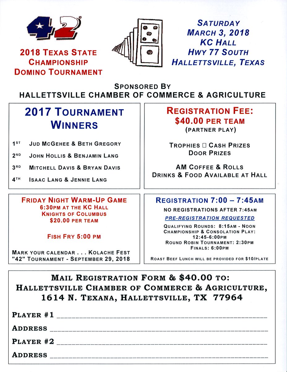 HallettChamber's tweet photo. If you like dominoes and you like to play 42, here's your chance.  Please join us Friday and Saturday, March 2nd and 3rd for our State Championship 42 Domino Tournament.  For more information, call us at 361.798.2662 https://t.co/O5Fbvl9SzE