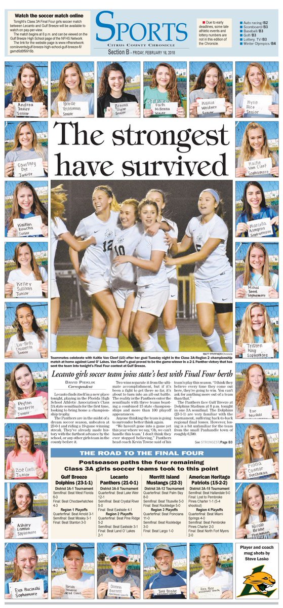CitrusCoSports's tweet photo. Hey @LecantoHigh girls soccer...heard you're not going to be around tomorrow so thought you may like a preview of tomorrow's sports section. @breezybreise @andreajavier_23 @kylierice_12 @kellbellsxo @CourtneyDye13 @KaitlinZoucha @Bcitsbrenna @_kaitieeee @AlizaPey @fionaaconnorr4 https://t.co/tnde5p6vMy