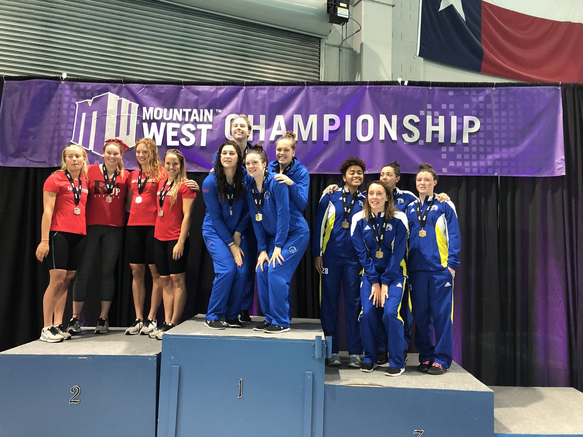SJSUSwim's tweet photo. Historic moment with @ColleenHumel @shonamairead @BrennaBushey and @BrittanyHeng teaming up for first relay medal in program history at MW champs! And a new school record! Great job ladies ๐ช๐ผ @TheSpearSJSU @sjsu #letsgo #SpartanUp #SpartanStrong https://t.co/ltyTxqNDFK