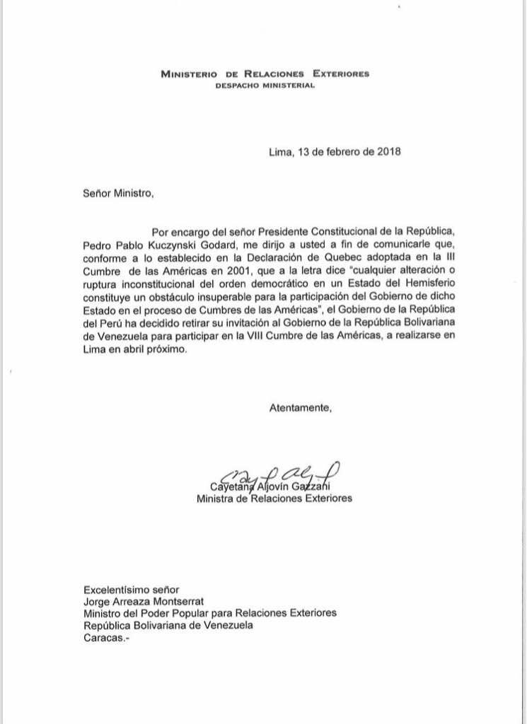 CarlosValero08's tweet photo. Ministra de Relaciones Exteriores de Perú envía comunicación oficial al gobierno venezolano donde retira invitación a Maduro a Cumbre de la Américas. Será qué el irresponsable insistirá en ir a un lugar donde no la quieren ? https://t.co/kwoyh0sWR6