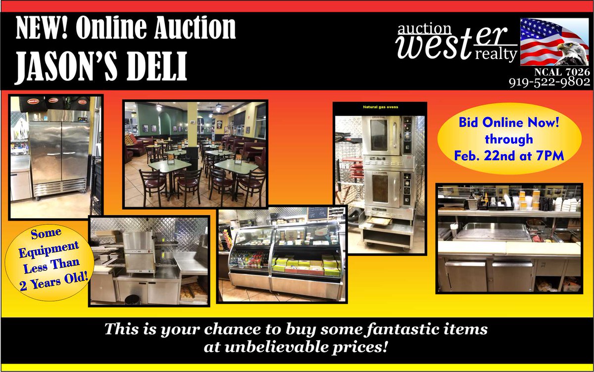 ncauctions's tweet photo. Jason's Deli Online Auction. Bid online now through Feb. 22nd at 7PM. Visit https://t.co/Bgr1xjp7EY for details. Or, call 919-522-9802. This is your chance to buy some fantastic items at unbelievable prices! Wester Auction & Realty, Inc. NCAL 7026 #auction #ncauctions https://t.co/oqDgfHYdHj