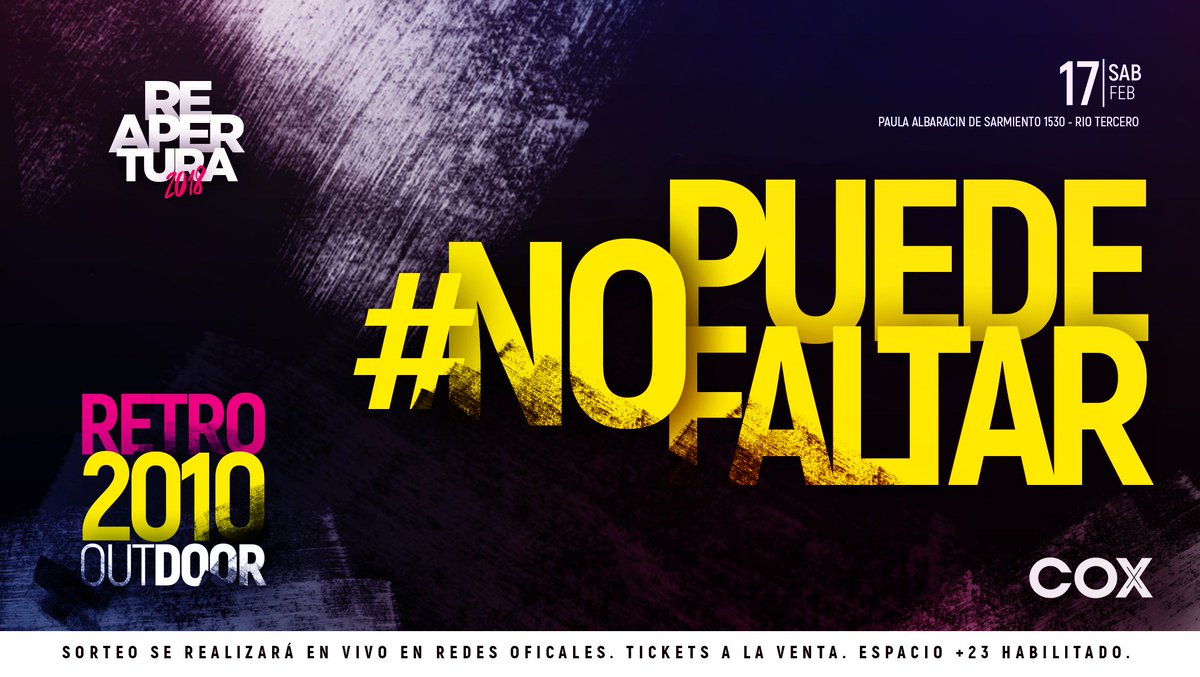 CclubAlmafuerte's tweet photo. ¡Concurso Oficial!
En la pista #Retro2010 (outdoor) sabemos que hay canciones que ¡No pueden faltar!
Citá este tuit con el hashtag #NoPuedeFaltar #ReAperturaCox y el nombre de tu canción ¡Los 3 tuits mas retuiteados se ganan 4 tickets y una previa full!
17.02 #reApertura https://t.co/aPO1JBrqZX