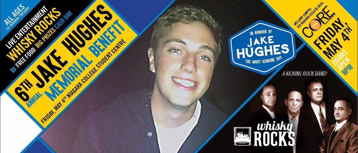 Jakesbenefit's tweet photo. Coming to the 6th annual Jake Hughes Memorial Benefit? May 4 @niagaracollege #thecore #student centre Live Band, food cash bar. Tix $20 themostgenuineguy@Gmail.com https://t.co/ipcCV31hUZ