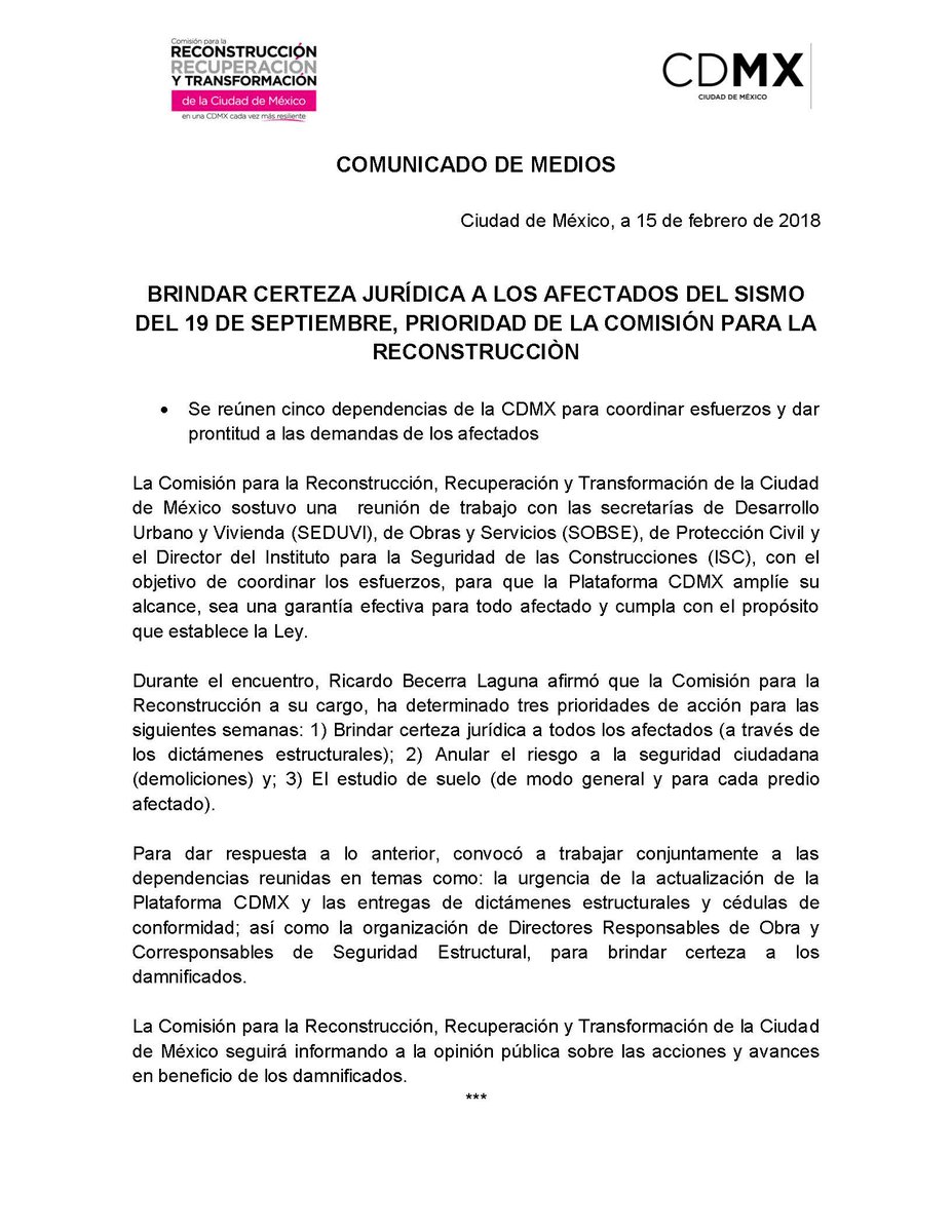 <a href="/CdmxComision/">ReconstrucciónCDMX</a> se reúne con @seduviCDMX <a href="/SOBSECDMX/">Secretaría de Obras y Servicios CDMX</a> <a href="/SPCCDMX/">Space DMX</a> <a href="/ISC_CDMX/">ISC CDMX</a> para coordinar esfuerzos para que la Plataforma CDMX amplíe su alcance y sea una garantía efectiva para todo afectado <a href="/ricbecverdadero/">Ricardo Becerra</a> <a href="/cafloresva/">Carlos Flores</a>