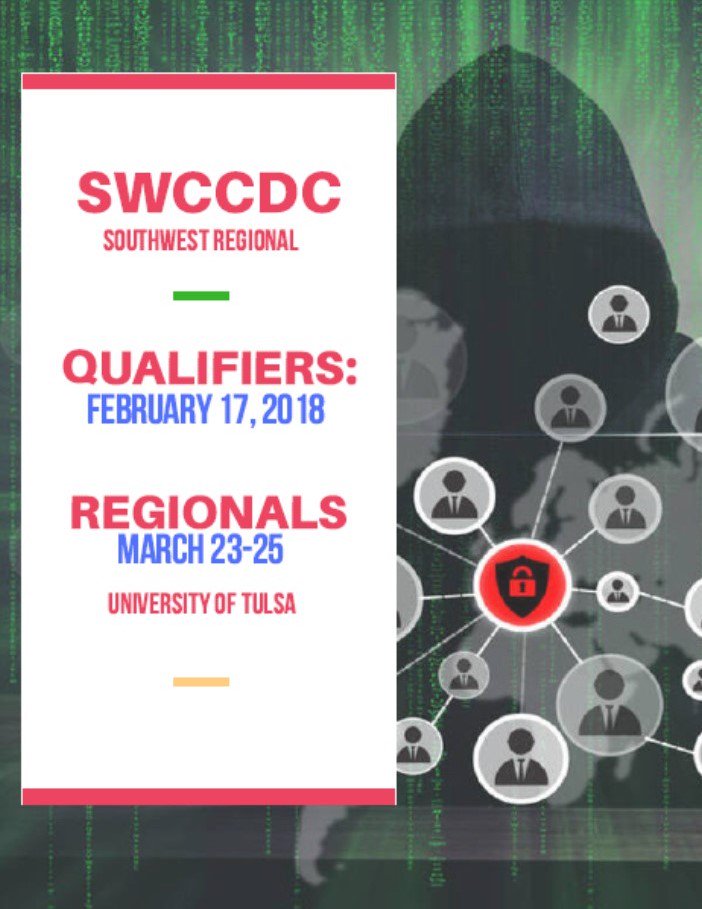 NationalCCDC's tweet image. Southwest Regional Qualifiers are coming up.  Winners will go on  to compete at Regionals held at the University of Tulsa @utulsa for a seat at #NCCDC happening April 13-15th! @SWCCDC