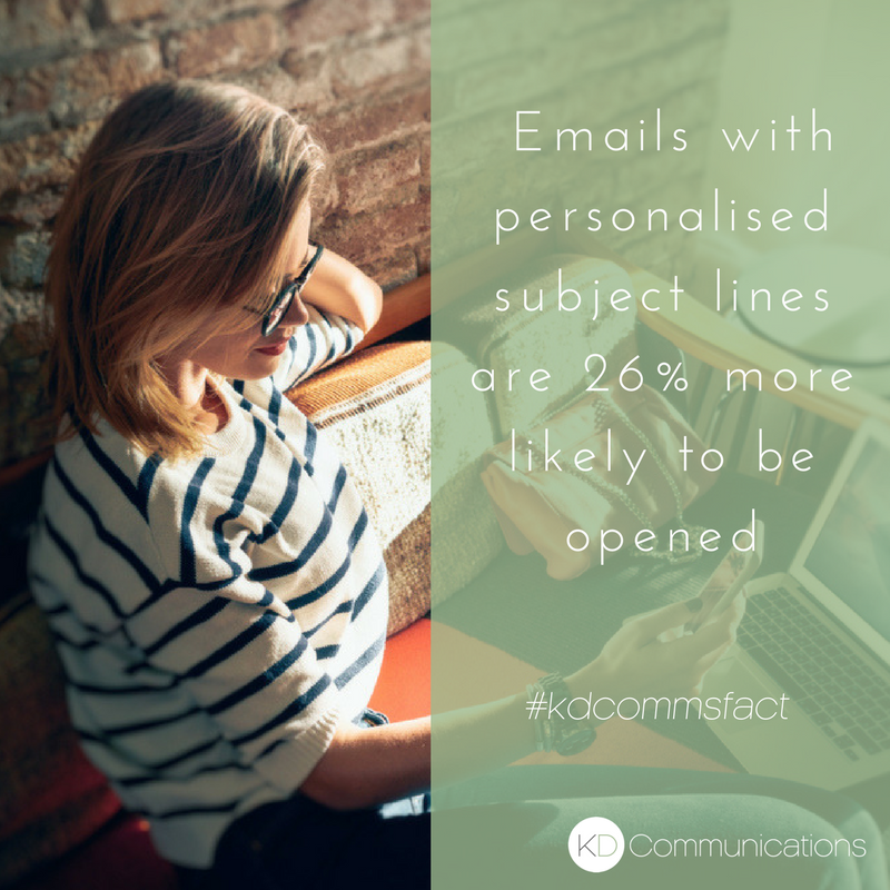 kathrynbaird_'s tweet photo. Did you know that emails with a personalised subject lines are 26% more likely to be opened than those without? Are your emails personalised? #kdcommsfact #emailmarketing https://t.co/gVo8a44qbj
