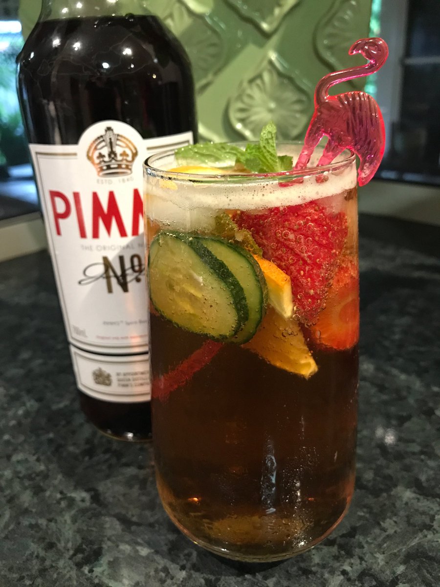 JuliaTempler's tweet photo. Yes well it’s certainly the weather for it! 
The cocktail du soir on this hot and stormy evening is the absolutely delicious and frankly super healthy #PimmsNo1 🍒🥒🍓 🍊 
#FridayFeeling #cocktails #TGIF https://t.co/vxgKfGjMWm