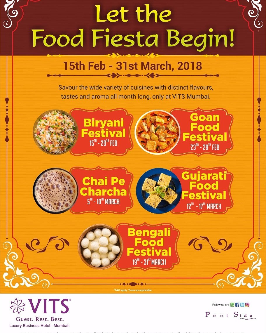 vitshotels's tweet photo. Savour the wide variety of Cuisines with Distinct Flavours tastes and aroma all month long only at VITS Mumbai, Come and treat your taste bud at our Poolside Restaurant from 15th February to 31st March 2018.

Venue : Poolside Restaurant
Timing : 19 :30 to 23:30 https://t.co/LZ0BAEt6TY