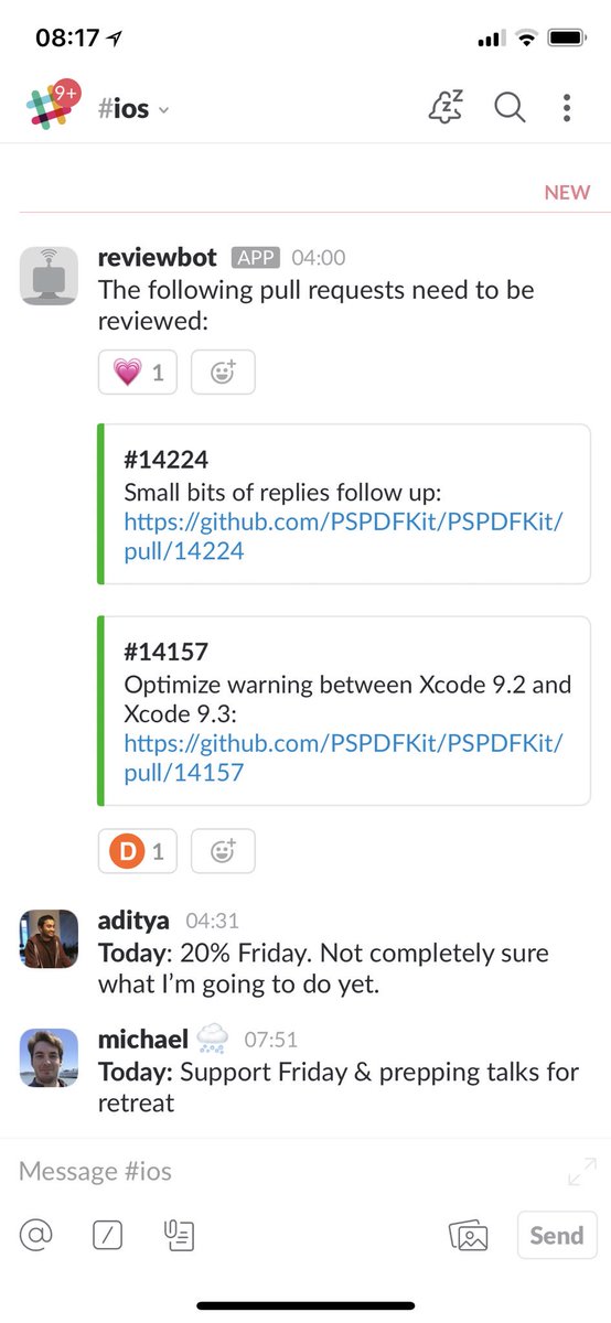 steipete's tweet photo. We built a reviewbot for Slack that automatically posts what pull requests are up for review from GitHub, based on a label. Is that something worth open sourcing? https://t.co/UP7ZQce6nR