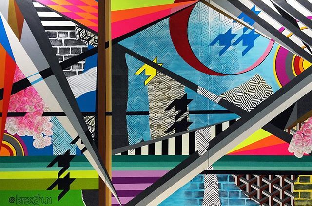 Kreashun's tweet photo. "Converge" 6' x 9' x 2.5" @montanacans_usa and mixed media on canvas is off to its new home in @miami . Painted "LIVE" @kaaboodelmar 2016. https://t.co/AMAJ5ZLugG #kaaboo #kreashun #jfeather #montymontgomery #geometricart #sandiego #urbancontemporary #abstractart #montanacans https://t.co/ECAGNcFqls