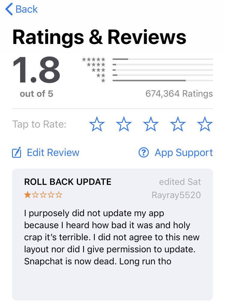 rmeyer1126's tweet photo. Wow @Snapchat a 1.8 rating... Maybe you should ROLL BACK THE UPDATE #snapchatupdate #SnapChatIsDead https://t.co/cL0RR9YbVQ