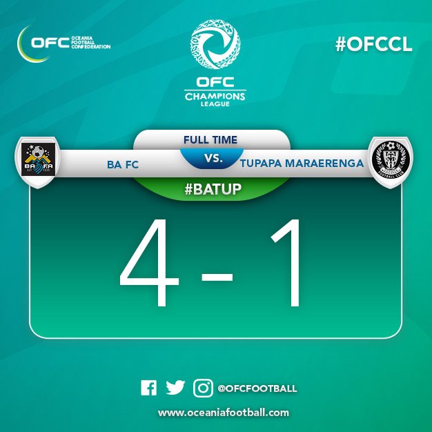 OFCChampsLeague's tweet photo. FT |  Ba pip Tupapa Maraerenga for third place in Group A of the 2018 #OFCCL with a 4-1 victory #OFCCL #BATUP 4-1 https://t.co/stW4b2dyES