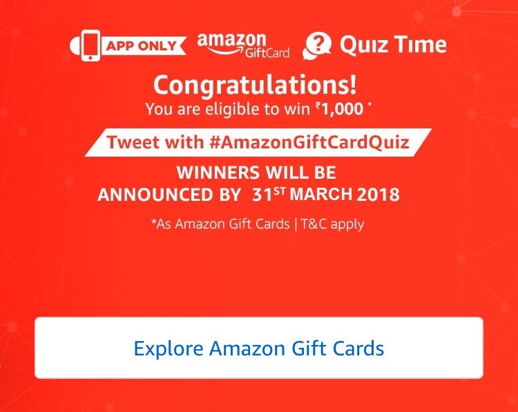 amparakh's tweet photo. #AmazonGiftCardquiz play and win #AmazonPrime #AmazonIndia won 2nd consecutive quiz in day https://t.co/hK6yqr9miB