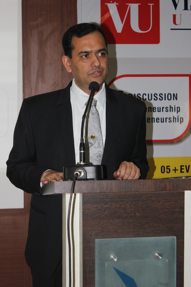 VU_Connect's tweet photo. The toughest part of entrepreneurship is implementation", Mr. @BharatAgarwal81 while addressing students at Inaugural ceremony of E-Fest 2018. 

#entrepreneurship #startup #startupIndia #technology #trends2018  #OnThisDay #efest #Education https://t.co/Pdo7Pez5J4