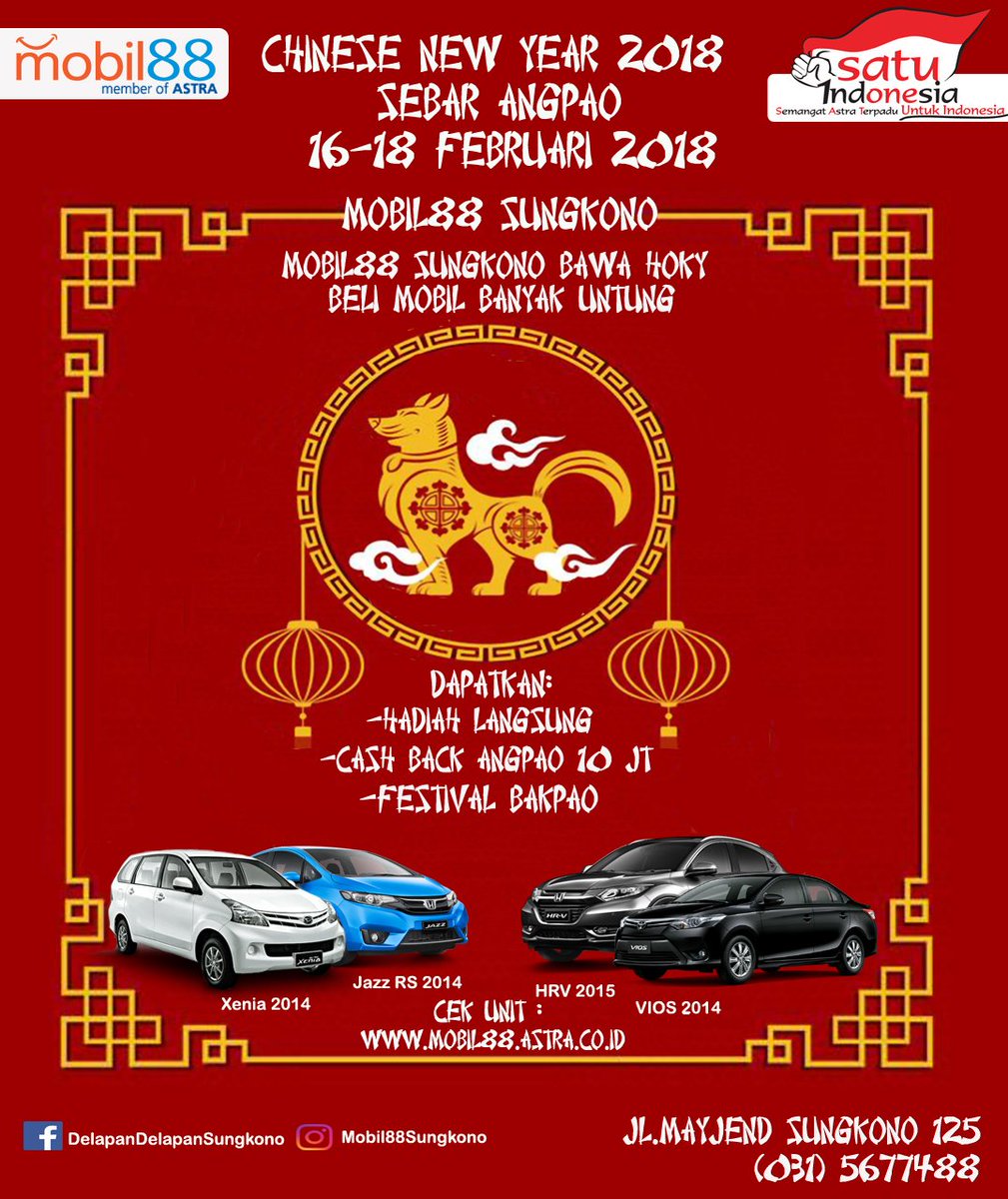 rudolfooliman's tweet photo. @SurabayaTourism More
SEBAR ANGPAO MOBIL88 SUNGKONO SURABAYA 16-18 FEBRUARI 2018 
BURUAN BAWA PULANG UNITNYA DAN HADIAHNYA.
#SURABAYA #Sidoarjo #MOBIL88SUNGKONO #MOBIL88SKN #ChineseNewYear2018 #Imlek2018 https://t.co/atPVz4CItP