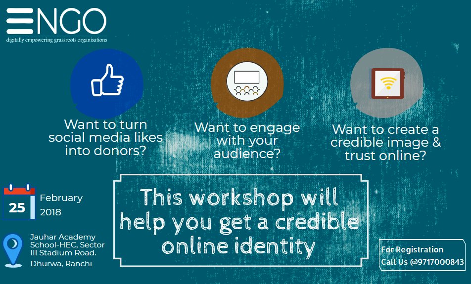 AnandICT4Dev's tweet photo. Want to turn #socialmedia likes into donors? Want to #engage with your #audience? Want to create a #credible image &amp; #trust #online?
Come and join us in an #ICT #Capacity Building #Workshop for #NGOs, #CBOs, #SHGs in #Ranchi, #Jharkhand. 
Register Now:-https://t.co/0weQmmm41y https://t.co/Nk6bLHfOUw