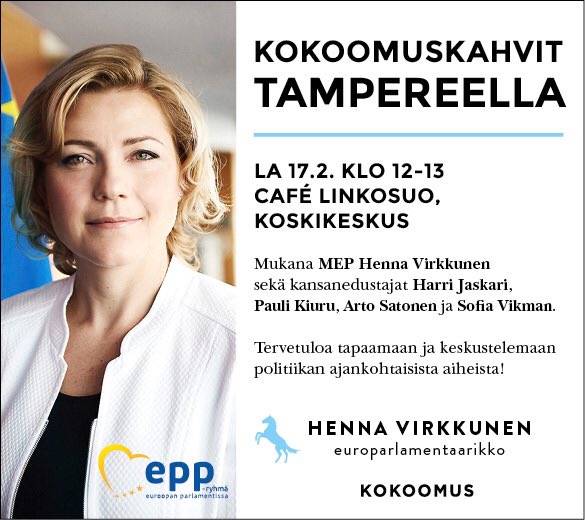 Suuntana #Tampere. Tervetuloa kahveille Koskikeskukseen lauantaina klo 12-13. Mukana kansanedustajat <a href="/JaskariHarri/">Harri Jaskari</a> <a href="/KiuruPauli/">Pauli Kiuru</a> <a href="/artosatonen/">Arto Satonen</a> <a href="/SofiaVikman/">Sofia Vikman</a>. #kokoomus