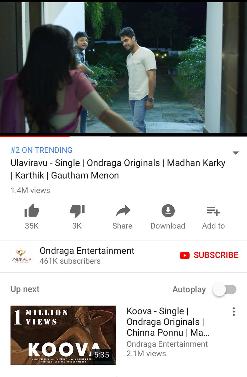 Thank you all for the love and comments. Two indie songs trending back to back and reaching million hearts just like how film music does. Happy to witness the line slowly disappear. Thanks @menongautham @singer_karthik for #Koova & #Ulaviravu