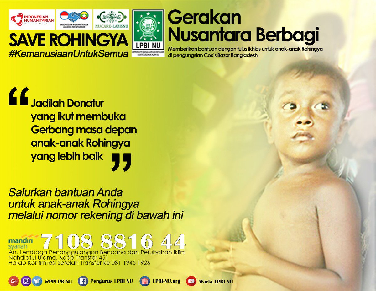 Salah satu hak dasar anak adalah hak tumbuh-kembang. Anak-anak usia 0-17 tahun mendapat ruang terbuka utk mengembangakan diri, mendapat pendidikan layak, dan ketersediaan area bermain. Ayo Bantu Anak-anak Rohingya #SaveRohingya #KemanusiaanuntukSemua #NusantaraBerbagi <a href="/nu_online/">NU Online</a>