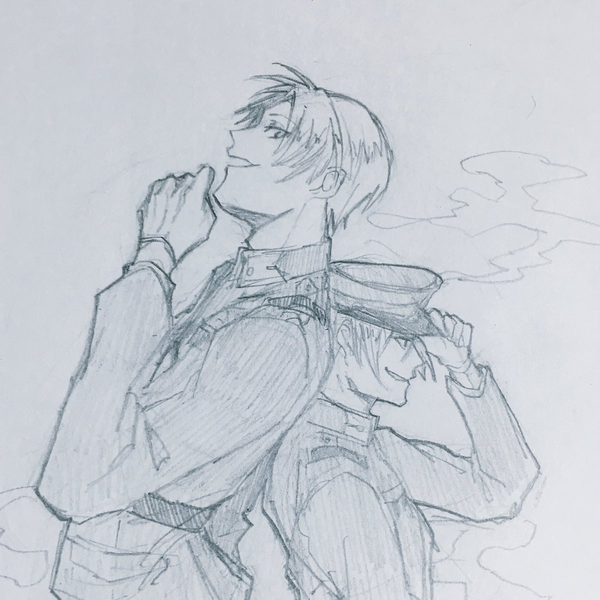 おだて組×雰囲気軍服の下描き完成〜!
宗三は趣味で磨り上げ前&amp;焼かれる前 