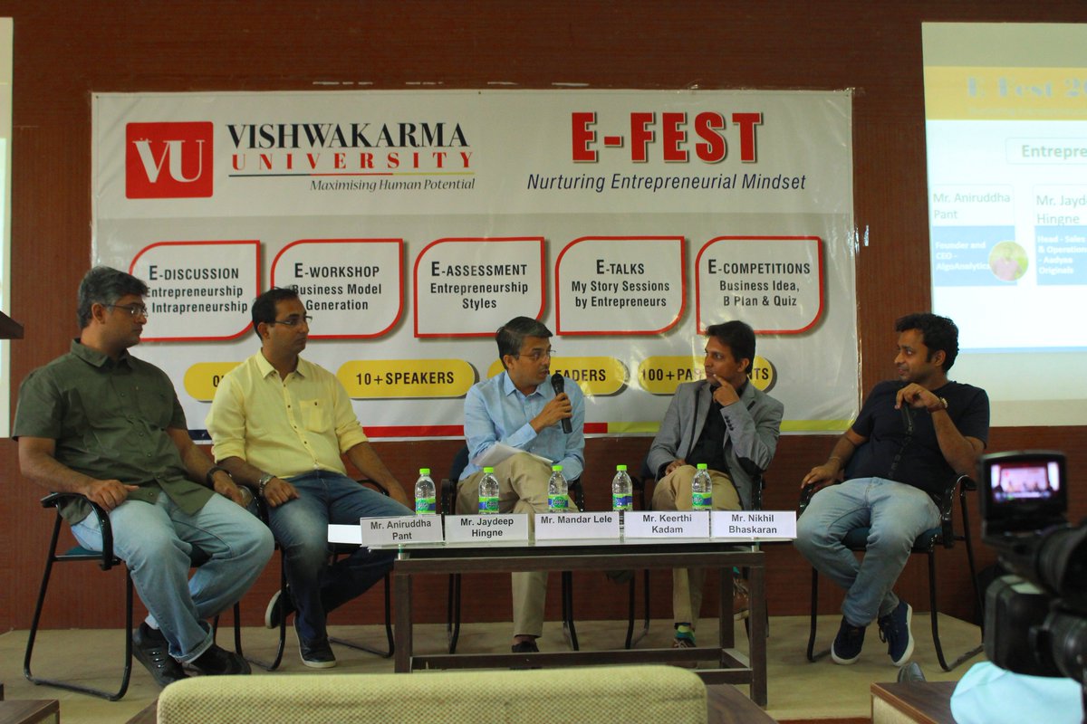 VU_Connect's tweet photo. Panel Discussion on #Entrepreneurship and #intrapreneurship . L to R - Mr. Aniruddha Pant ( @AlgoanalyticsIn ), Mr. Jaydeep Hingne ( @aadyaaoriginals ), Mr. Mandar Lele, Mr. @KeerthiKadam (Founder, Agriculture Circle) and Mr. Nikhil Bhaskaran ( #IoTIoT)
#startup @makeinindia https://t.co/IRujEqbORG