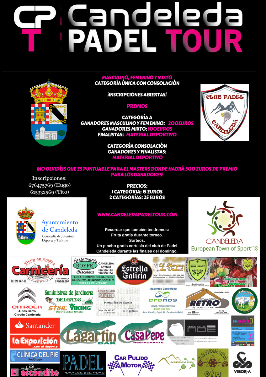 CandeledaClub's tweet photo. Buenos dias, a una semana de comenzar nuestro torneo "Candeleda Padel Tour", tenemos algunas novedades, entre ellas, es la de haber añadido la categoria Mixta, todavia teneis tiempo de apuntaros, habra montones de regalos para tod@s, os esperamos https://t.co/Ds7baoeYeK