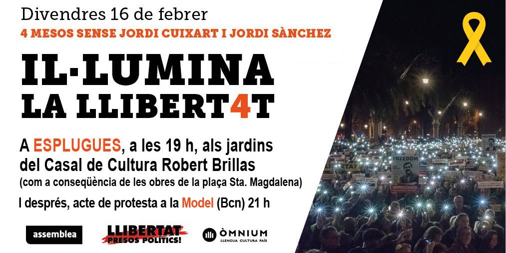🎗Avui fa 4 MESOS que els Jordis son a la presó. Tornem a sortir al carrer per reclamar la seva *LLIBERTAT!* 🎗

*CONCENTRACIÓ A ESPLUGUES*:
🕖 19 h
📍 Jardins del Casal Robert Brillas

Després anirem plegats:

🕘 *21 h:* acte davant de la Model
 #LlibertatPresosPolítics